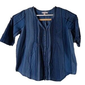 Roaman's Woman's Shirt 18W Blue Gradient Striped Pleated V-Neck Button Up Boho
